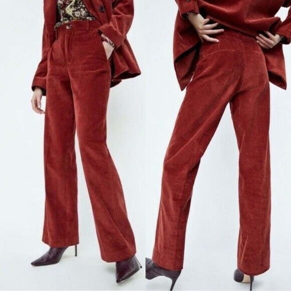 Zara Velveteen Wide Leg Corduroy‎ Pants Red Size Small